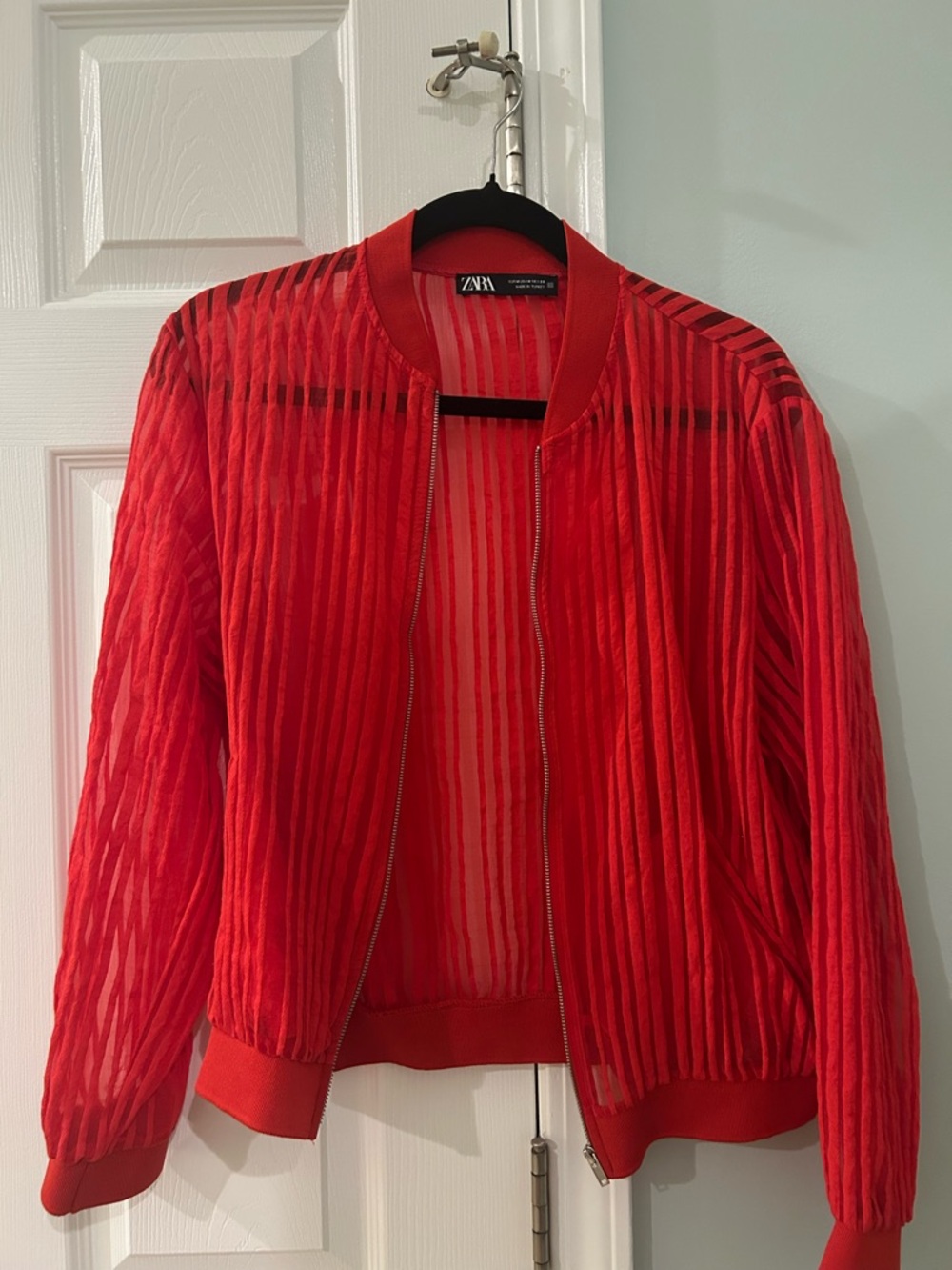 Zara Sheer Red Striped Bomber Jacket